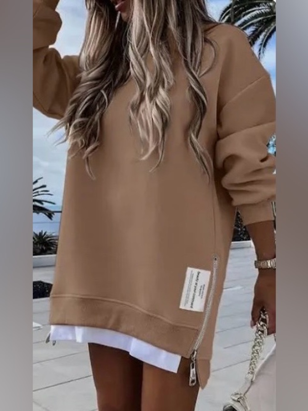 Chicme NWOT S Casual 2-in-1 Camel brown Oversized zippered Sweatshirt tunic